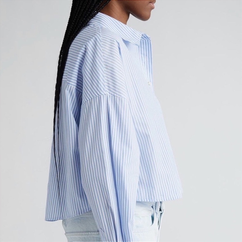 Favorite Daughter The Crop Stripe Cotton Button-Up Shirt Blue M - Picture 4 of 15